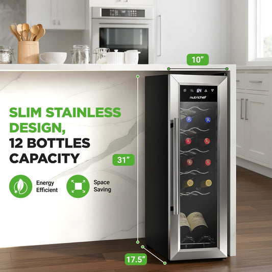 Nutrichef 12 Bottle Wine Fridge Stainless Steel